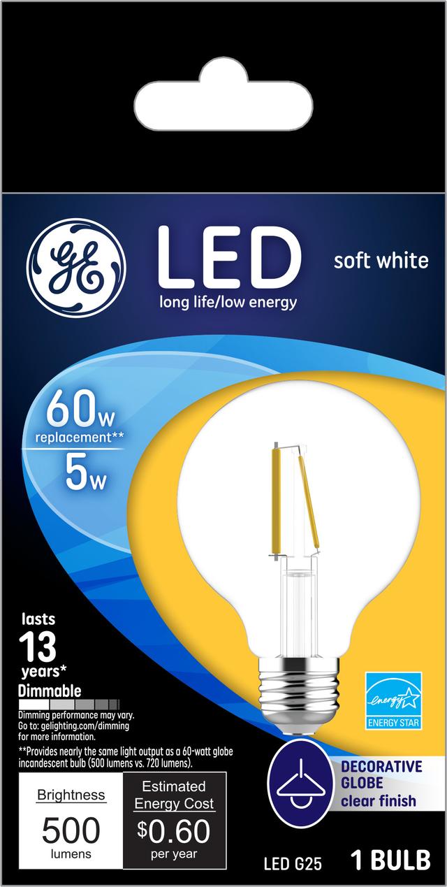 Emballage avant de GE Soft White LED 40 W Replacement Clear Decorative Globe G25 Light Bulb (1-Pack)