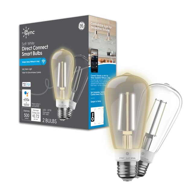 Front package of Cync Soft White Direct Connect Smart Bulbs (2 LED ST19 Bulbs), 60W Replacement, Bluetooth/Wifi Enabled, Works With Alexa, Google Assistant Without Hub