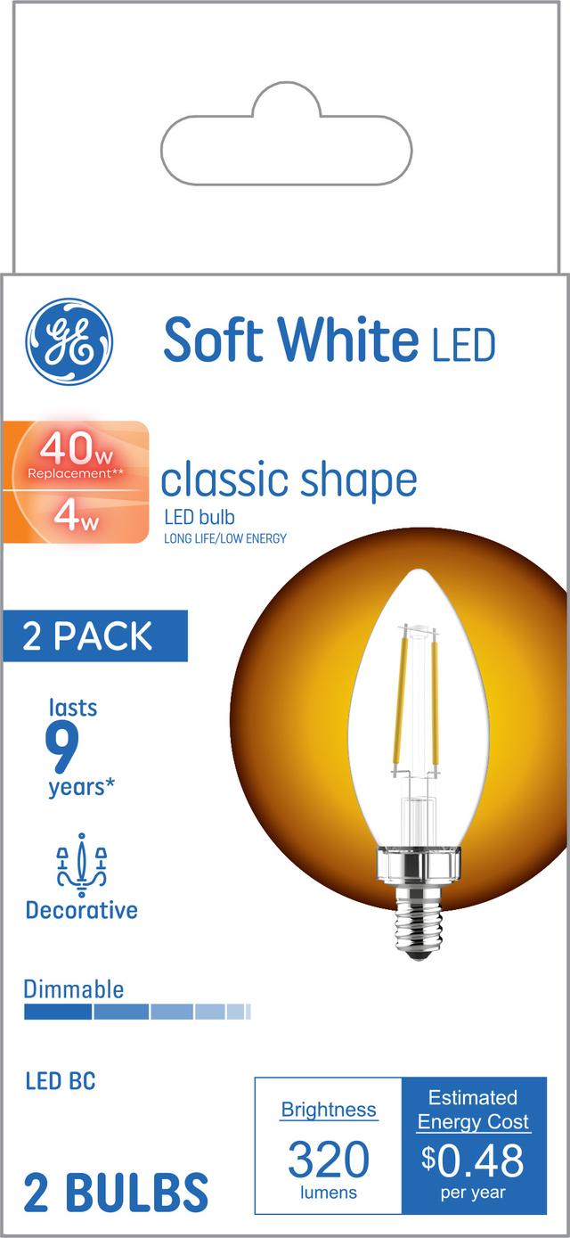 Emballage avant de GE Soft White 60 -Watt Remplacement Candélabre décoratif Base LED Ampoules (2-Pack)