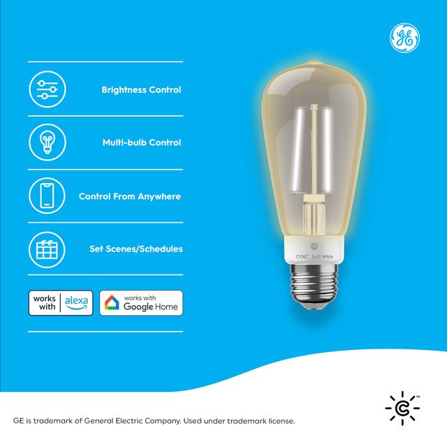 Back package of Cync Soft White Direct Connect Smart Bulb (1 LED ST19 Bulb), 60W Replacement, Bluetooth/Wifi Enabled, Works With Alexa, Google Assistant Without Hub