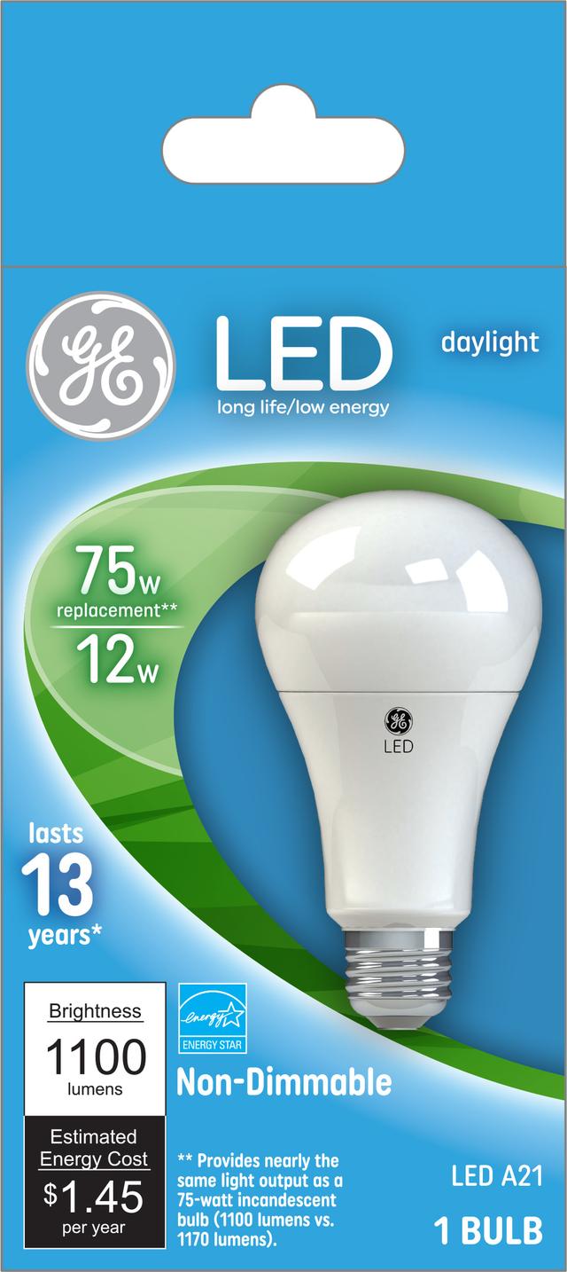 Emballage avant de 75 l’ampoule LED de remplacement GE W à usage général A21 (1-Pack)