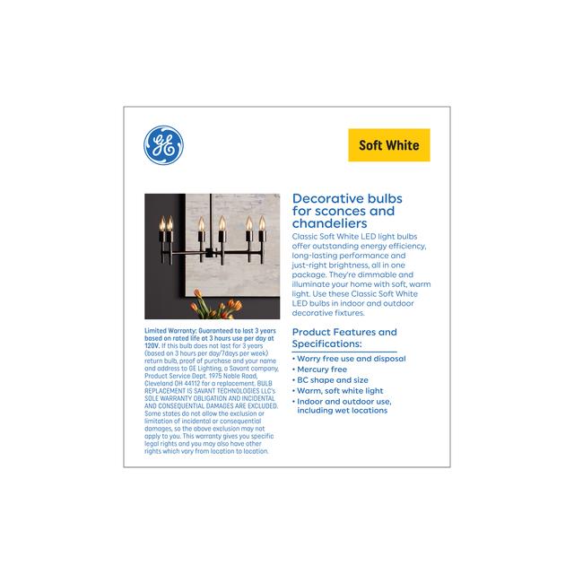 Back package of GE 60W Classic Soft White BC Candelabra Base 6-Pack
