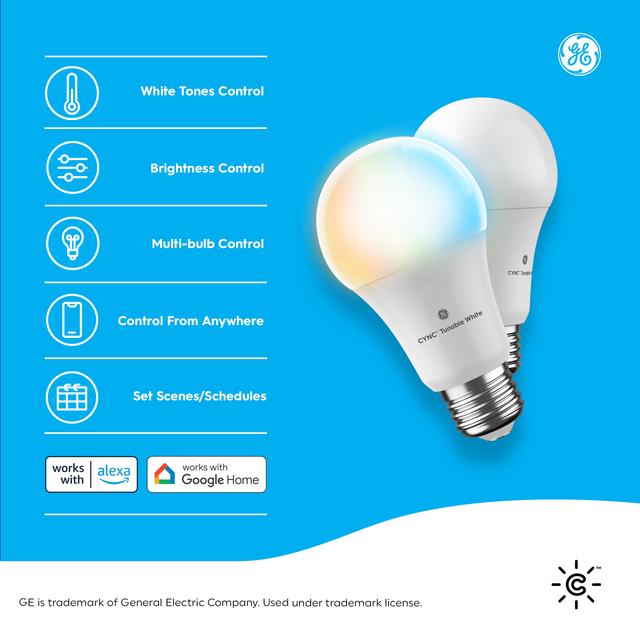 Back package of GE CYNC Direct Connect Smart Bulb, Tunable White, A19 LED Smart Light Bulb with Wireless Control, 60W Replacement, Alexa and Google Home Compatible, No Hub Required 1-Pack (Packaging May Vary)
