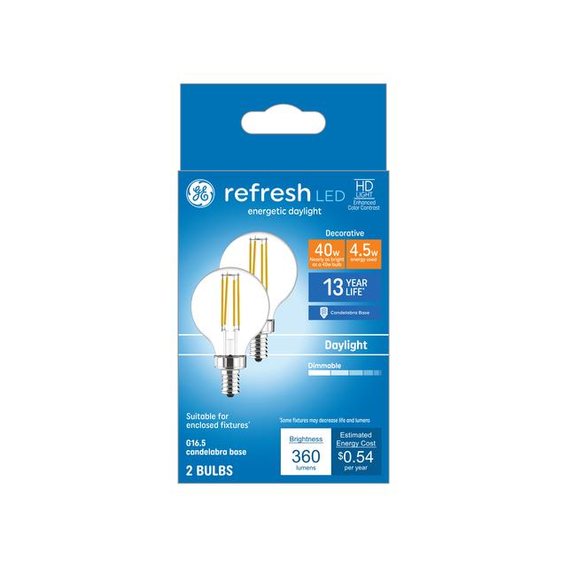 GE Refresh HD LED 40 Watt Replacement, Daylight, G16.5 Deco - Globe Bulbs (2 Pack)