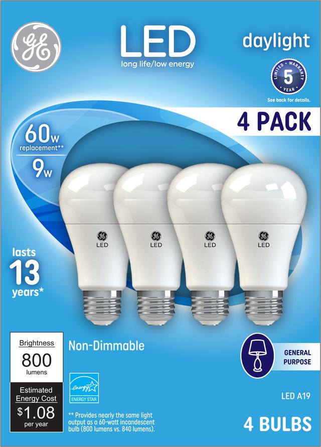 Front package of GE Daylight 60W Replacement LED Light Bulbs General Purpose A19  (4-Pack)