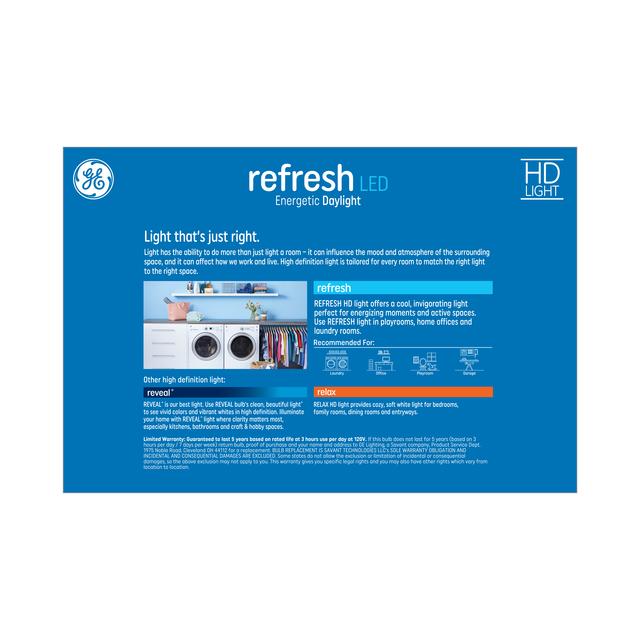 Back package of GE Refresh HD Daylight 60W Replacement LED Light Bulbs General Purpose A19