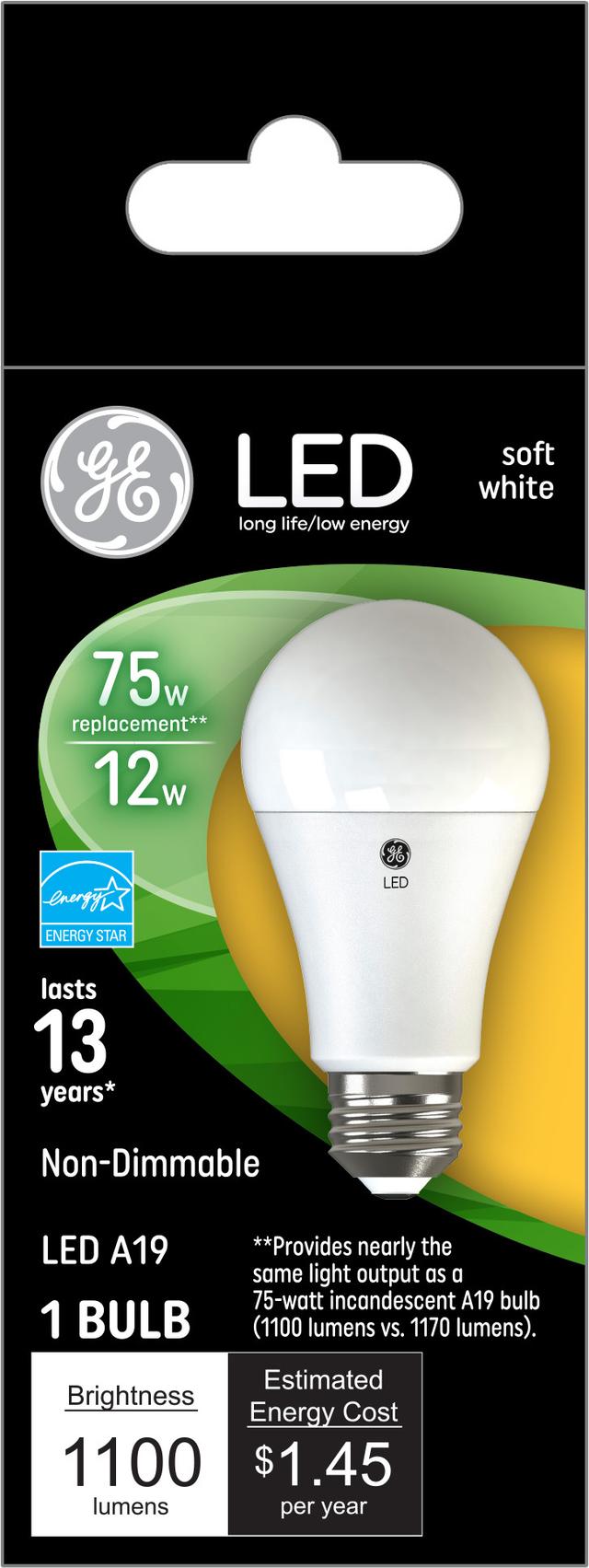 Front package of GE Soft White 75W Replacement LED Indoor General Purpose Non-dimmable A19 Light Bulb