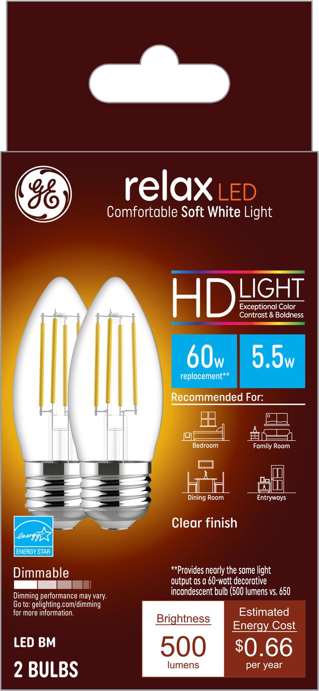 Front package of GE Relax HD Soft White 60W Replacement LED Light Bulbs Decorative Clear Blunt Tip Medium Base BM  (2-Pack)