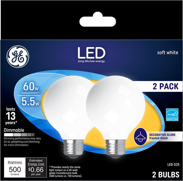 Front package of GE Soft White 40W Replacement LED Decorative G25 Light Bulbs (2-Pack)