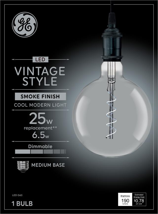 Front package of GE Vintage Cool Daylight 25W Replacement LED Smoke Finish Spiral Filament Decorative Medium Base G63 Light Bulb (1-Pack)