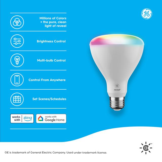 Back package of Cync Full Color reveal® Smart Bulbs (2 LED BR30 Bulbs), 65W Replacement, Bluetooth/Wifi Enabled, Works With Alexa, Google Assistant Without Hub