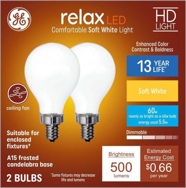 Front package of GE Relax HD Soft White 60W Replacement LED Light Bulbs Ceiling Fan Candelabra Base White A15 
