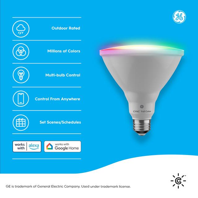 Back package of CYNC Full Color Direct Connect Outdoor Smart Bulb (1 LED PAR38 Bulb), 90W Replacement, Bluetooth/Wi-Fi Enabled, Works With Alexa, Google Assistant Without Hub