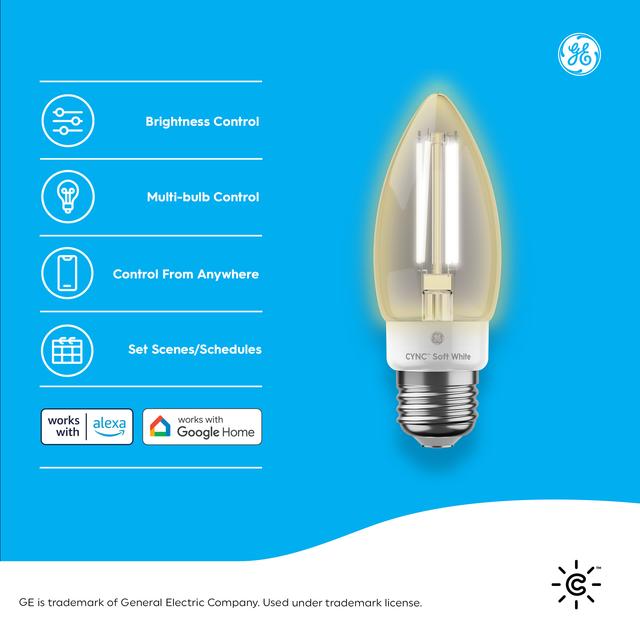 Back package of GE CYNC Smart Decorative Light Bulbs, Soft White, Bluetooth and Wi-Fi Enabled, Works With Alexa and Google Assistant, No Hub Required, 60 Watt Equivalent, Medium Base (2 Pack)