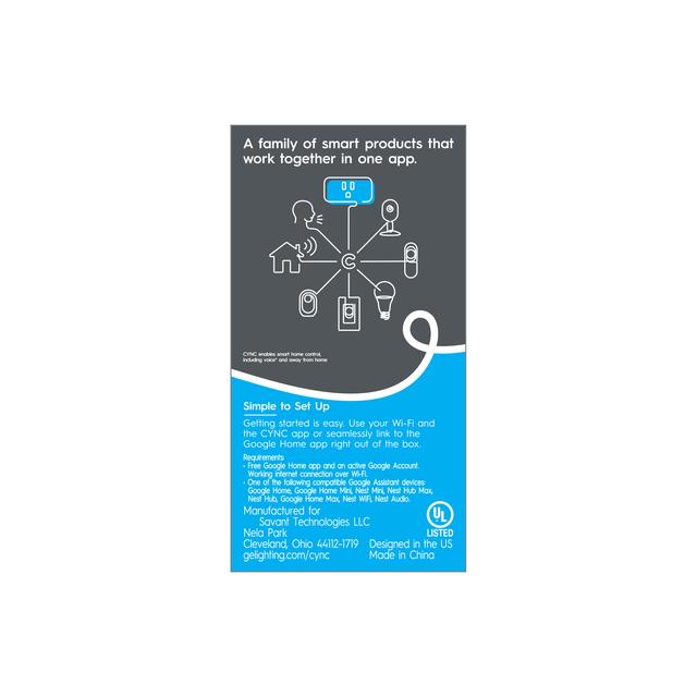 Back package of GE CYNC Indoor Smart Plug, WIFI Plug,  Alexa and Google Home Compatible, No Hub Required, 1-Pack (Packaging May Vary)