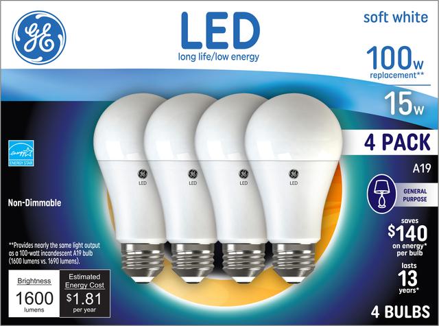 Front package of GE Soft White 100W Replacement LED Indoor General Purpose Non-Dimmable A19 Light Bulbs