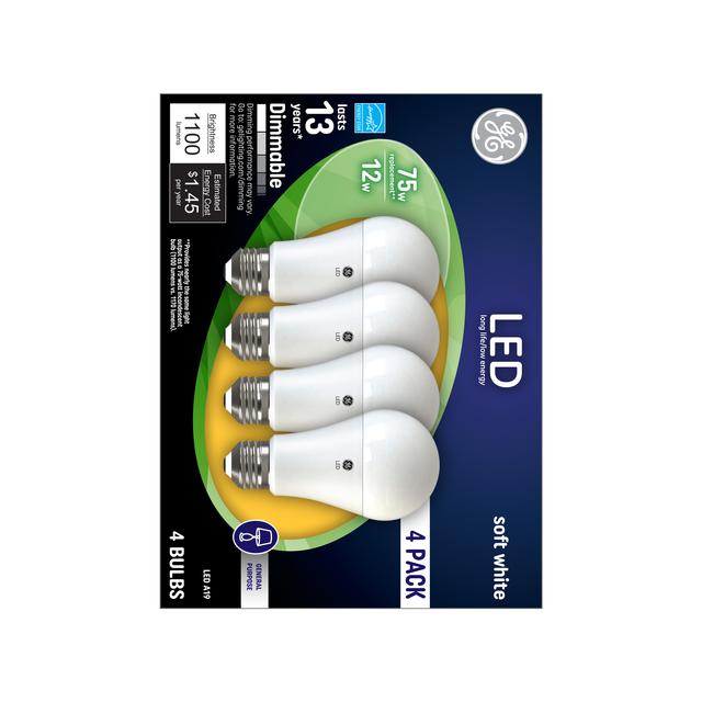 Back package of GE Soft White 75W Replacement LED Indoor General Purpose A19 Light Bulbs (4-Pack)