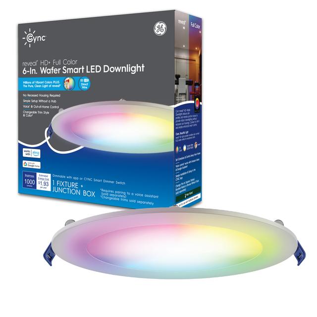 Front package of GE CYNC Smart LED Downlight Fixture, Smart Wafer Light, reveal + Full Color, 6 Inches, Bluetooth and Wi-Fi Enabled, Works With Alexa and Google Assistant, No Hub Required (1-Pack)