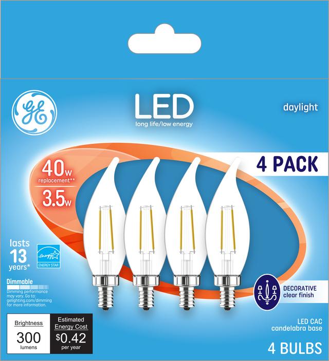 Emballage avant de GE 40 W Remplacement Daylight Dimmable LED Light Bulb Decorative CA (4-Pack)