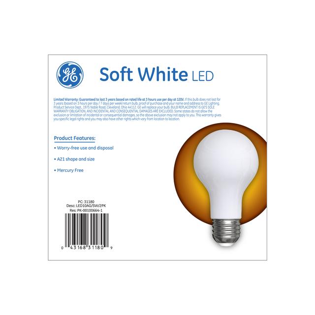 Back package of GE Soft White 75W Replacement LED Light Bulbs General Purpose A21 