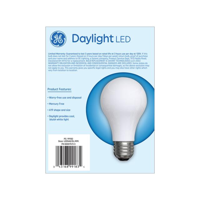 Back package of GE 40W Replacement Daylight LED Light Bulb General Purpose A19 (4-Pack)