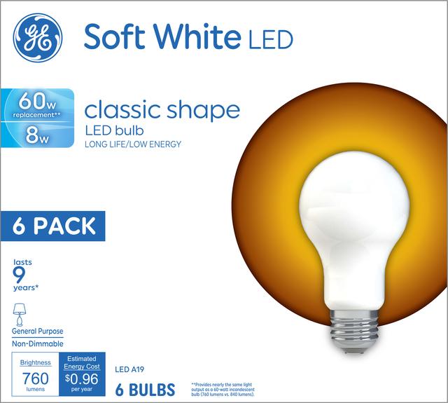 Emballage avant de GE 60 W Remplacement Soft White LED Ampoule Usage général A19 (6-Pack)