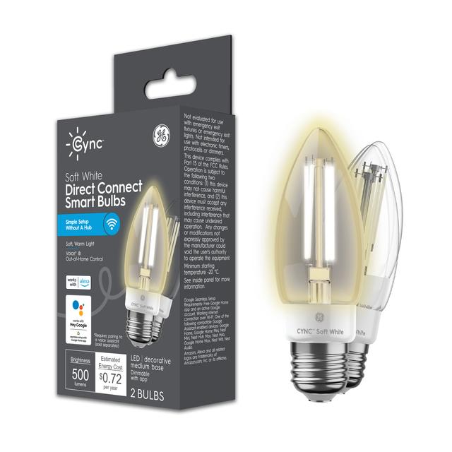 Paquet avant de Cync Soft White Direct Connect Smart Bulbs (2 LED Ampoules décoratives de base moyenne), 60W Remplacement, Bluetooth / Wifi activé, Fonctionne avec Alexa, Google Assistant Sans hub