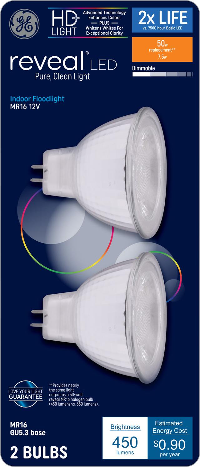 Emballage avant de GE Reveal HD+ 50 l’ampoule LED de remplacement W Colour-Enhancing W Indoor MR16