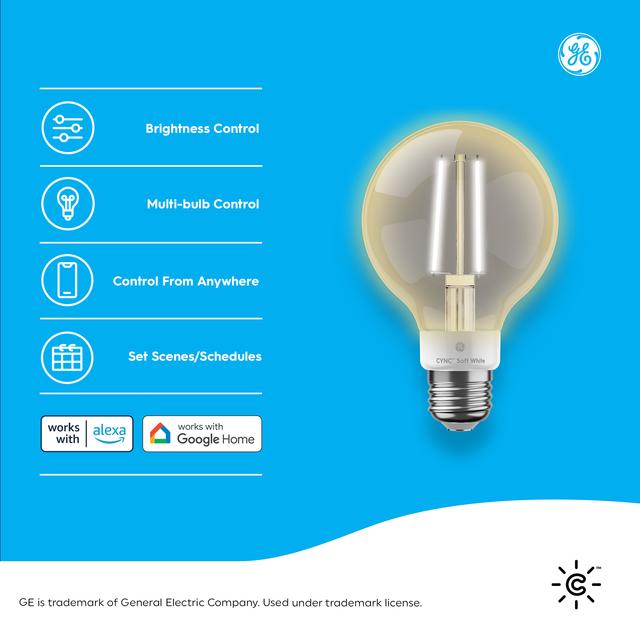 Back package of Cync Soft White Direct Connect Smart Bulb (1 LED G25 Bulb), 60W Replacement, Bluetooth/Wifi Enabled, Works With Alexa, Google Assistant Without Hub