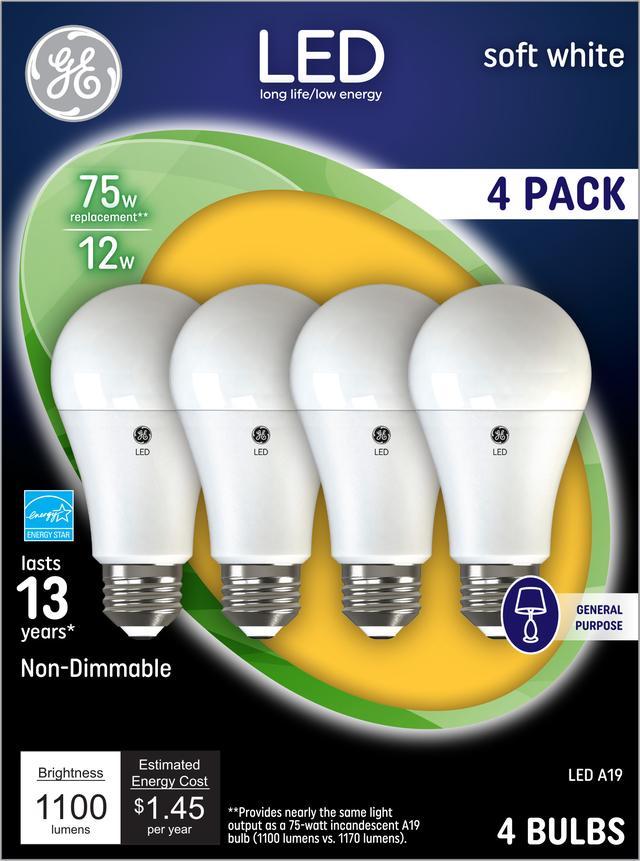 Emballage avant de GE Soft 75 White W Remplacement LED Intérieur à usage général A19 Ampoule (4-Pack) non gradable