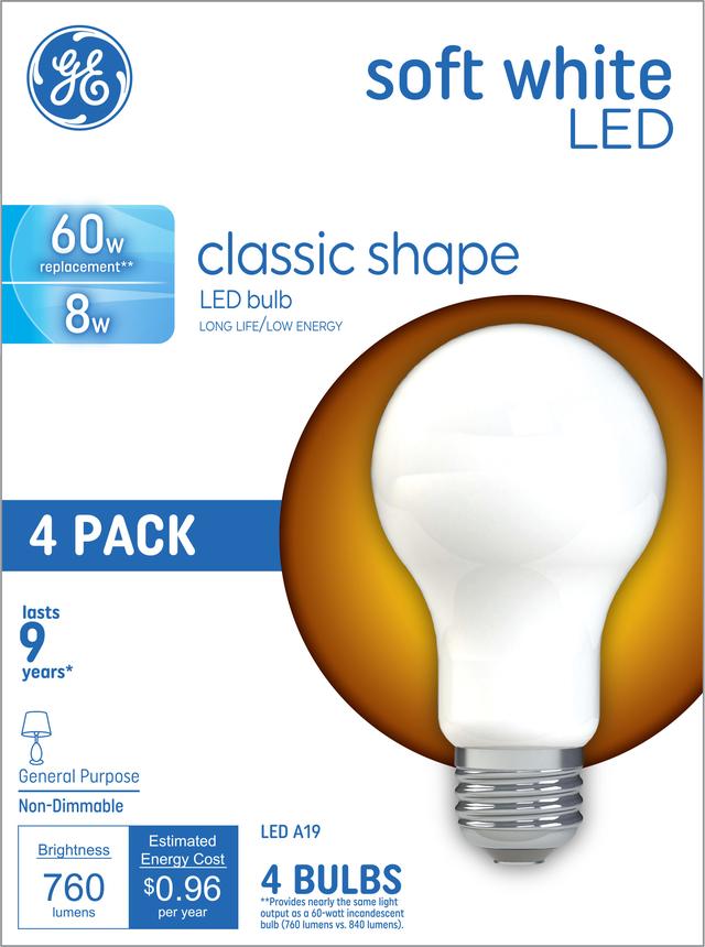 Front package of GE Soft White 60W Replacement LED Frosted General Purpose A19 Light Bulbs (4 Pack)
