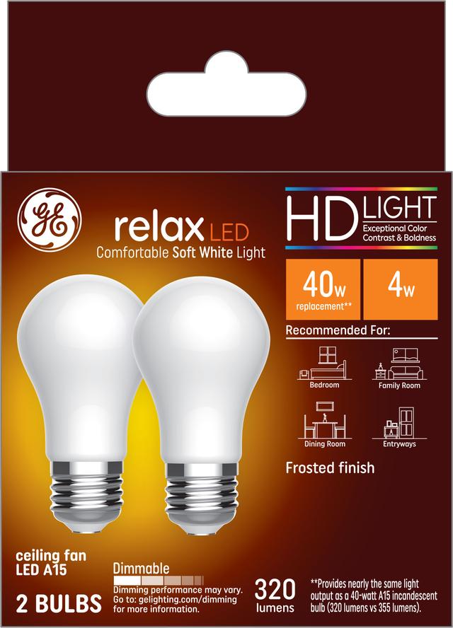 Ge Relax Hd Soft White 40w Replacement Led Light Bulbs Ceiling Fan Medium Base A15 2 Pack - What Watt Bulb For Ceiling Fan