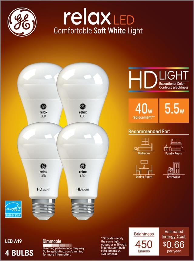 Paquet avant de GE Relax HD Soft White 40 W Remplacement ampoules LED Blanc Usage général A19 (4-Pack)