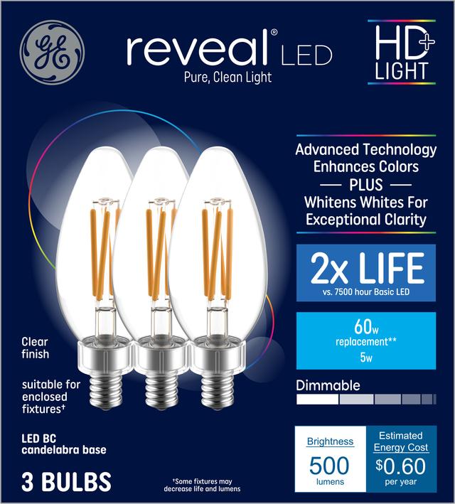 GE Reveal HD+ LED 60 Watt Replacement, Reveal, B11 Deco - Candle Bulbs (3 Pack)
