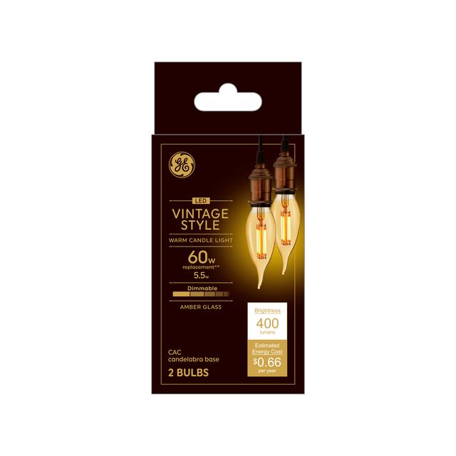 GE Vintage LED 60 Watt Replacement, Candlelight, CA11 Deco - Candle Bulbs (2 Pack)