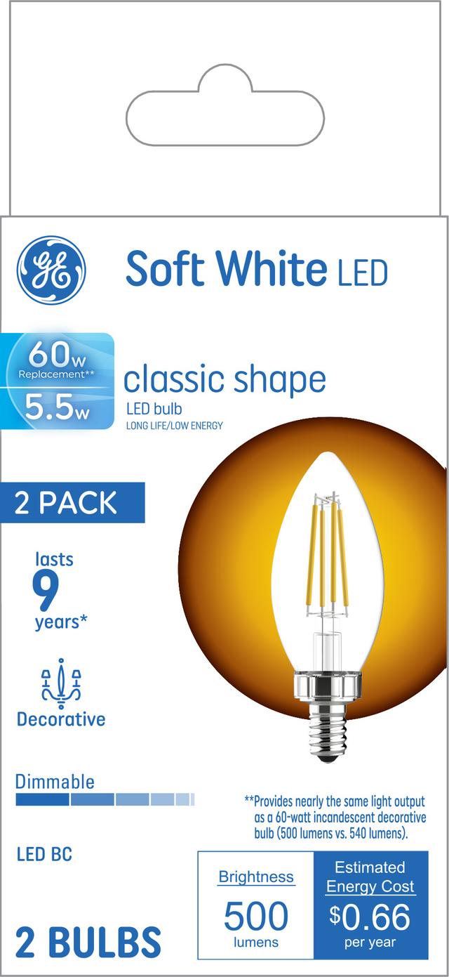 Emballage avant de GE Soft White 60 -Watt Remplacement Candélabre décoratif Base LED Ampoules (2-Pack)