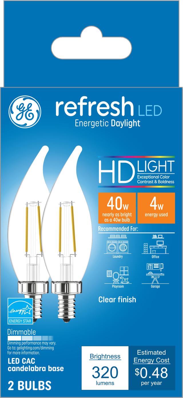 Clear Finish 4-Pack Daylight GE Refresh HD Bent Tip Dimmable LED Light Bulb Candelabra Base 40-Watt Replacement Clear Finish 4-Pack Daylight GE Refresh HD Bent Tip Dimmable LED Light Bulb Candelabra Base 40-Watt Replacement