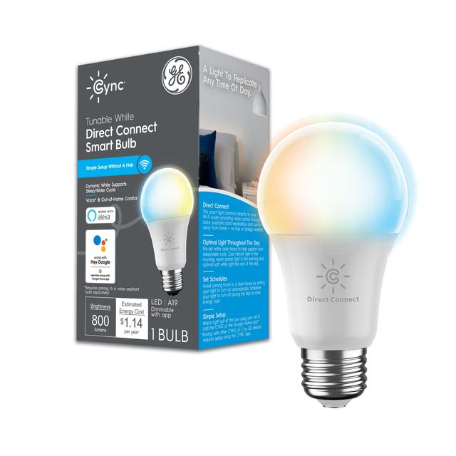 Front package of GE CYNC Direct Connect Smart Bulb, Tunable White, A19 LED Smart Light Bulb with Wireless Control, 60W Replacement, Alexa and Google Home Compatible, No Hub Required 1-Pack (Packaging May Vary)