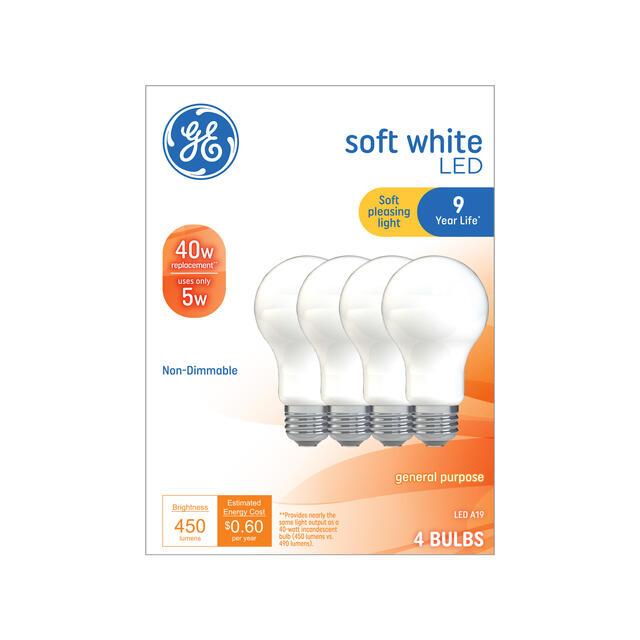 GE Basic LED 40 Watt Replacement, Soft White, A19 General Purpose Bulbs (4 Pack)
