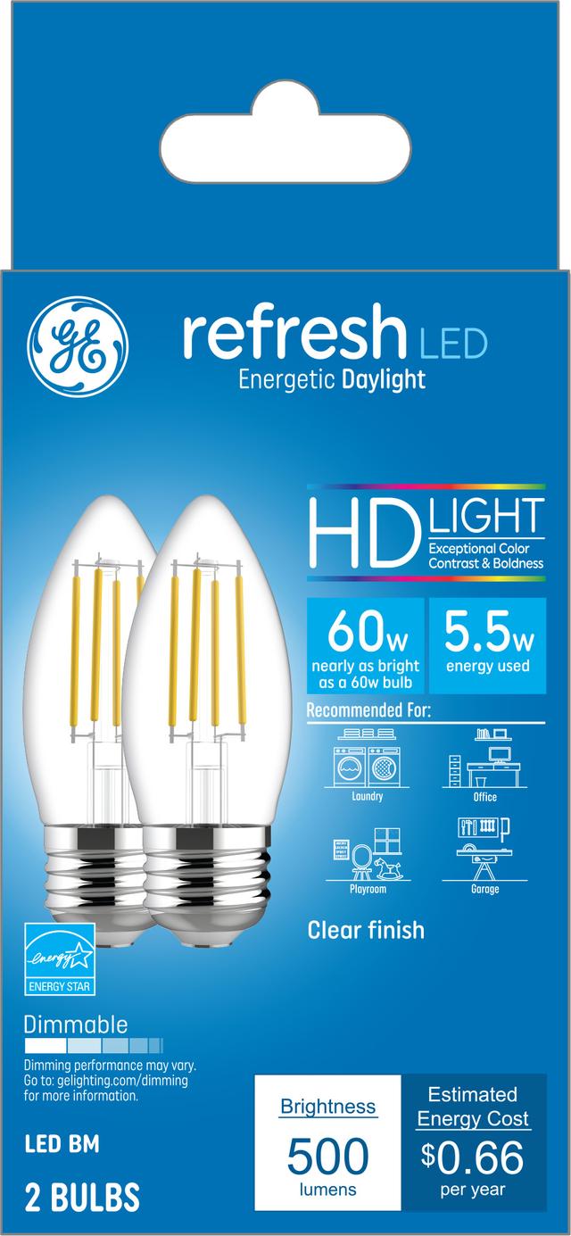 Emballage avant de GE Refresh HD Daylight 60 W Ampoules LED de remplacement Décoratif Clear Blunt Tip Base moyenne BM (2-Pack)