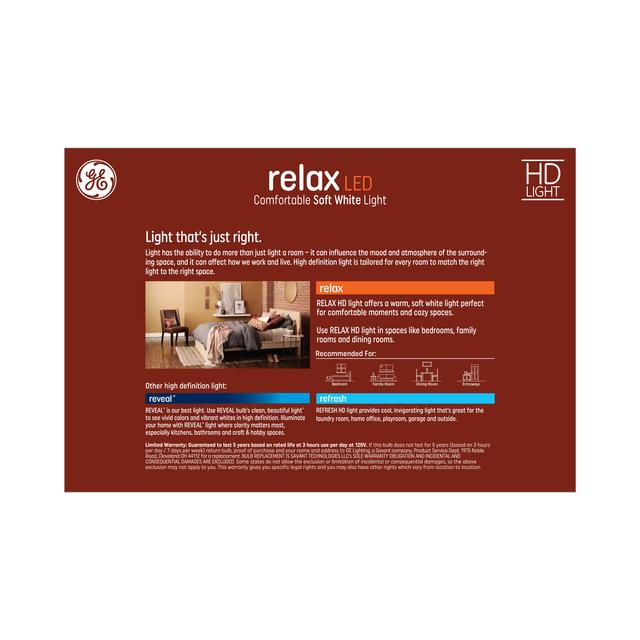Back package of GE Relax HD Soft White 60W Replacement LED Light Bulbs General Purpose A19