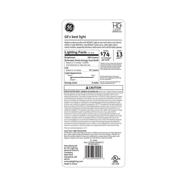 Back package of GE Reveal HD+ Color-Enhancing  50W Replacement LED Light Bulb Indoor MR16