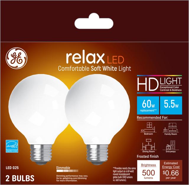 Front package of GE Relax HD Soft White 40W Replacement LED Light Bulbs Decorative Globe Clear Medium Base G25 (2-Pack)
