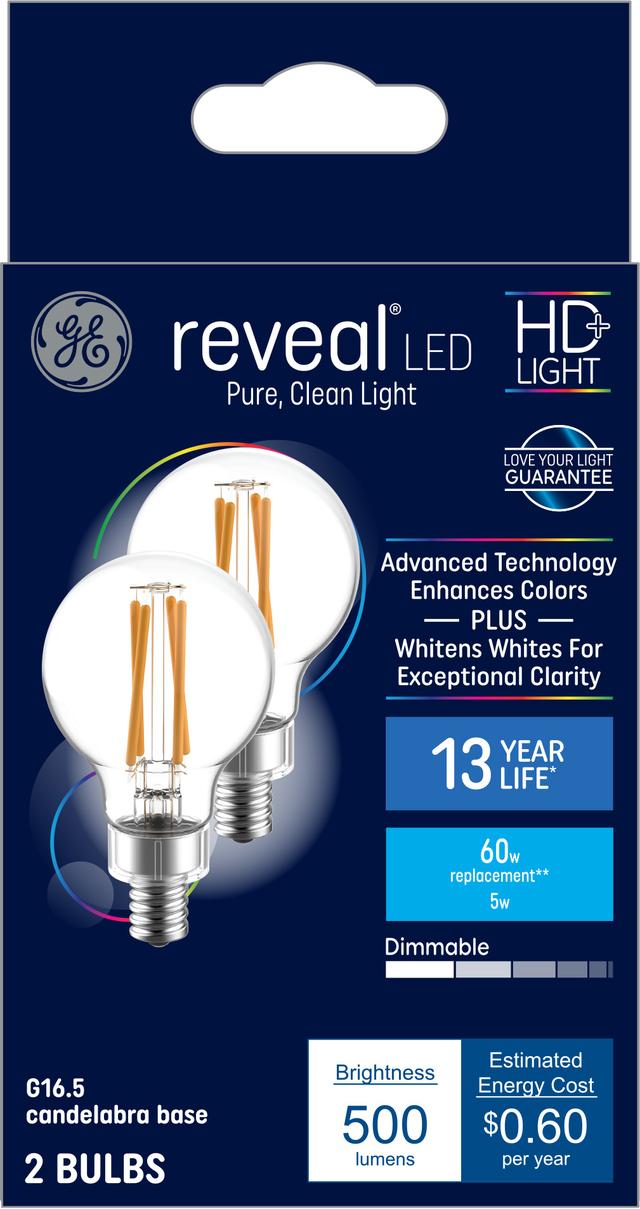 GE Reveal HD+ LED 60 Watt Replacement, Reveal, G16.5 Vanity - Globe Bulbs (2 Pack)