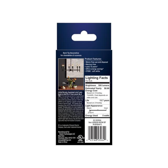 GE Classic LED 60 Watt Replacement, Soft White, CA11 Deco - Candle Bulbs (2 Pack)