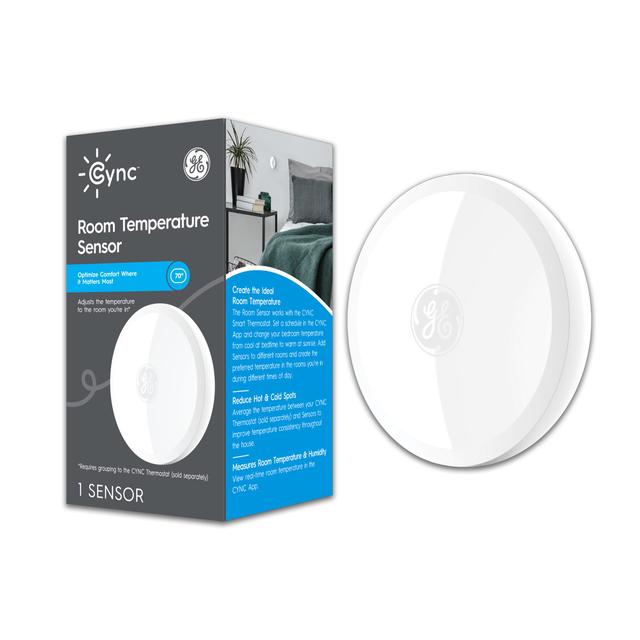 Ensemble avant du capteur de température et d’humidité à température ambiante GE CYNC (1 ), s’associe au thermostat intelligent CYNC (vendu séparément), blanc