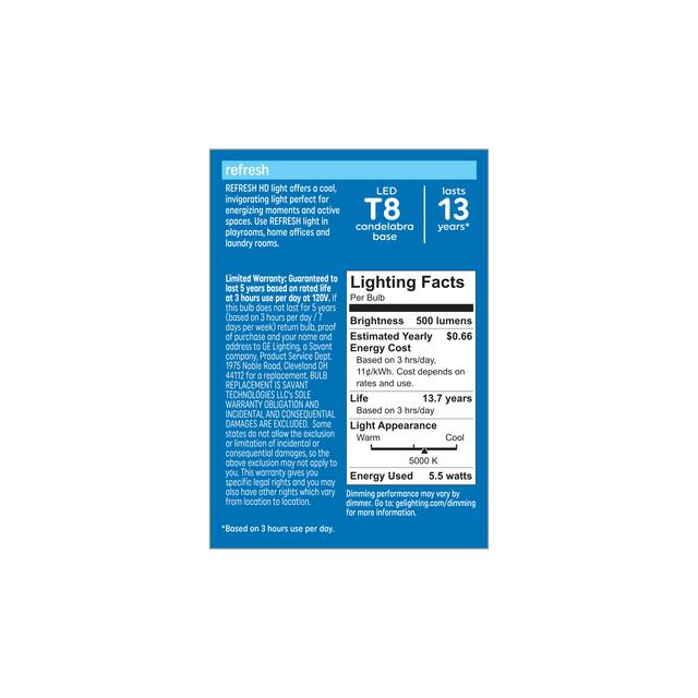 Back package of GE Refresh HD Daylight 60W Replacement LED T8 Decorative Light Bulbs (3-Pack)