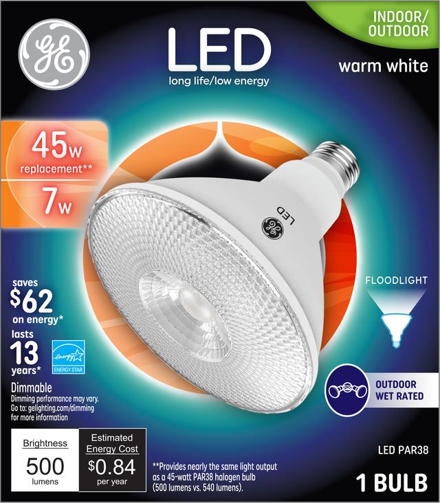 Paquet avant de GE Warm White 45 W Remplacement ampoule LED Projecteur extérieur PAR38 (1-Pack)