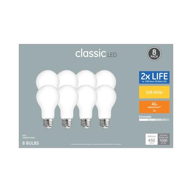 Front package of Classic Soft White 40W Replacement LED General Purpose A19 Light Bulbs (8-Pack)