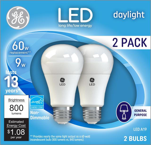 Front package of GE Daylight LED 60W Replacement Non-Dimmale General Purpose A19 Light Bulbs (2-Pack)